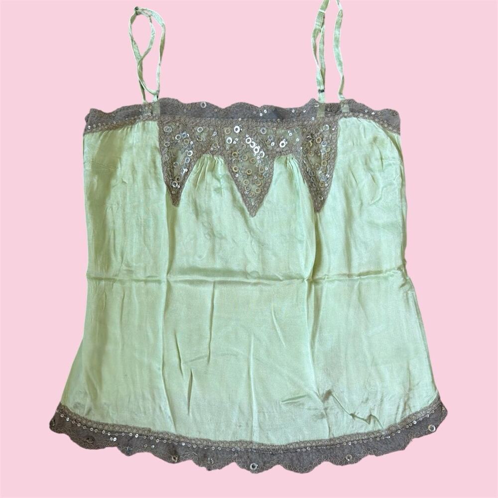 Y2K Vero Moda light green satin cami top with tan lace trim and sequins